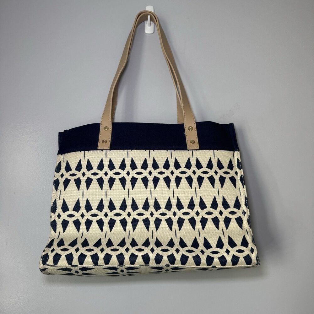 Navy & Cream Spartina Spacious Geometric Canvas Tote Large Leather Handles